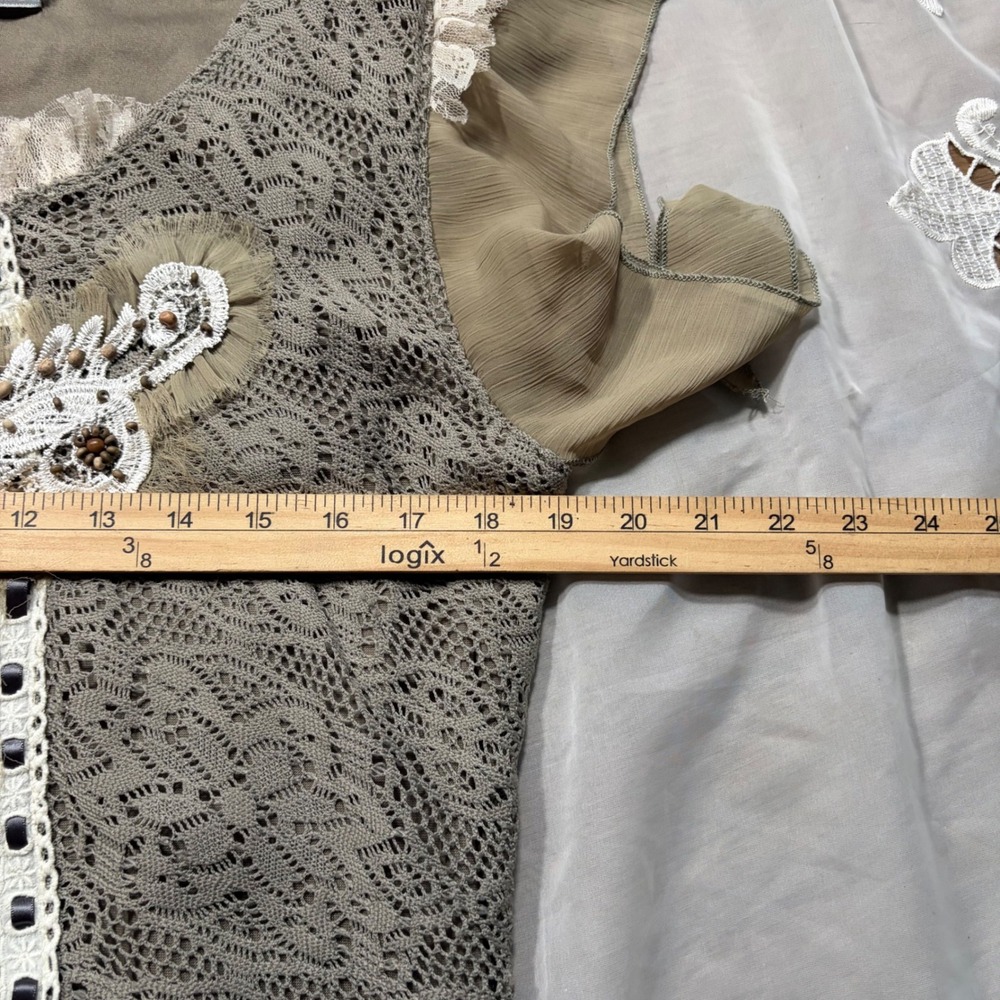 Y2K Pretty Angel Boho Lace Beaded Top Olive Taupe XL Linen Blend Cottagecore - Picture 5 of 7